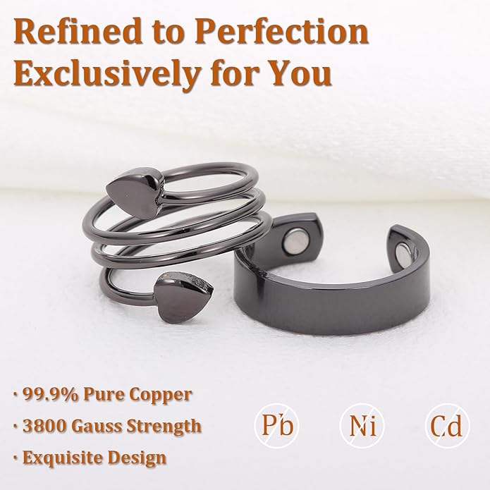 Magnetic Copper Rings Set for Women, Elegant Lymphatic Jewelry Gifts, Vintage Adjustable Vine Design