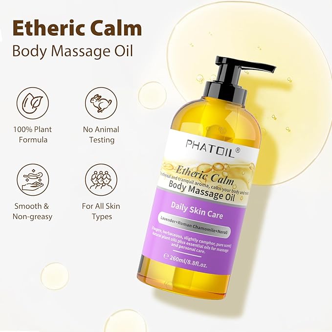 PHATOIL Etheric Calm Body Massage Oil 260 ml (8.8 fl.oz), Blends of Natural Plant Oils & Lavender Oil, Roman Chamomile and Neroli Essential Oil for Massage Skin Care, Body Oils for Women and Men