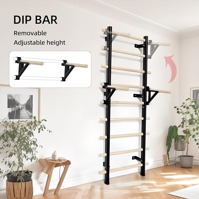 Swedish Ladder Dip Bar Attachment, Fits TS003A Ladder, Wood Stall Bar for School, Physical Therapy and Gymnastics, Multi-grip