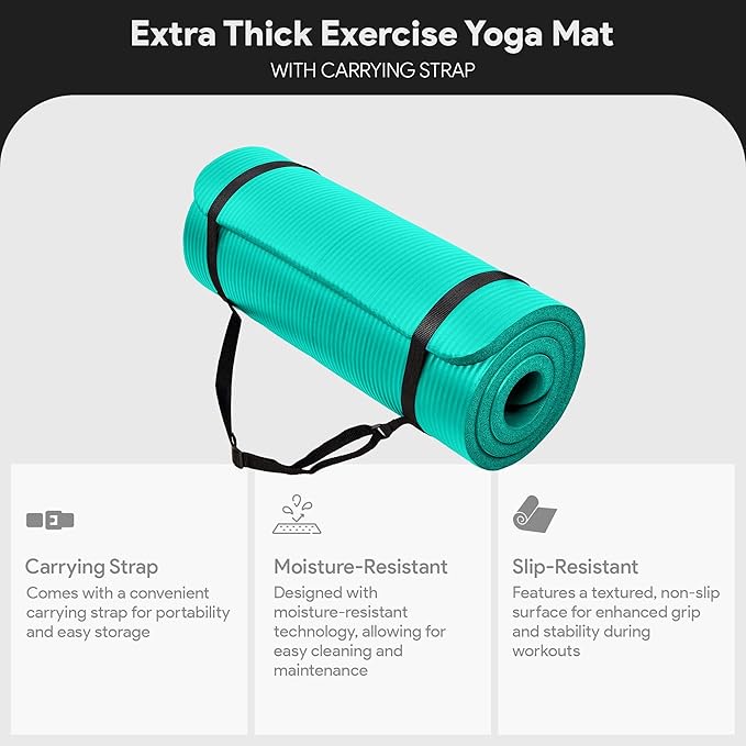 BalanceFrom 71x24 Inches Extra Thick Yoga Mat 1-Inch High-Density Foam – Roll-Up Exercise Pad with Double-Sided Non-Slip Surface and Carrying Strap for Pilates and Home Workouts, Multiple Colors