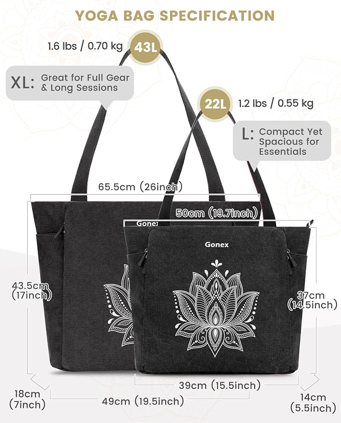 Gonex Yoga Mat Bag, Large Tote Bag with Multi Pockets for Women Men, Canvas Mat Carrier, Full Zipper Easy Access for Pilates Gym Travel