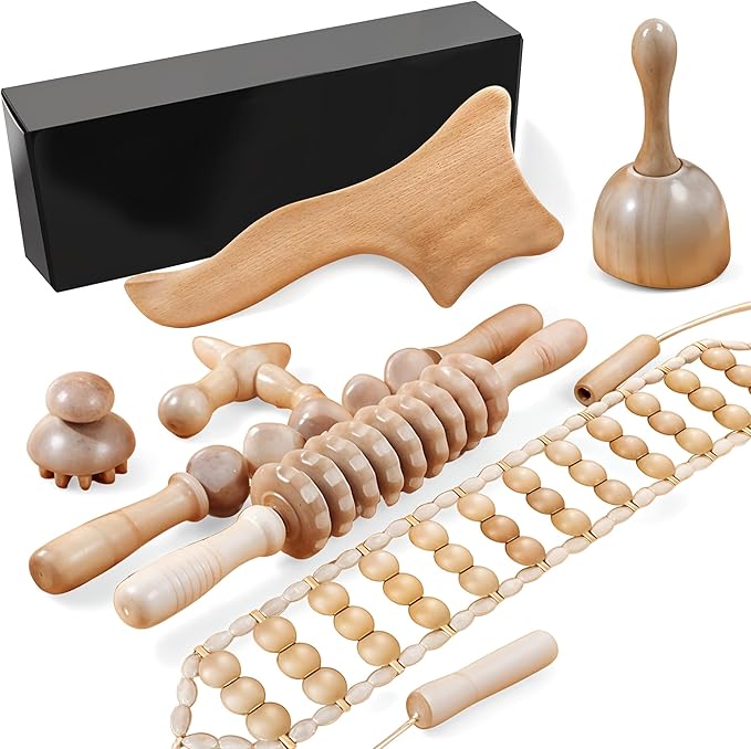 Wood Therapy Massage Tools Set – 7PCS Maderoterapia Kit with Wooden Guasha Board, Massage Roller, Mushroom Massager, Contouring Cup, Lymphatic Drainage Rope – Body Sculpting Manual Tools