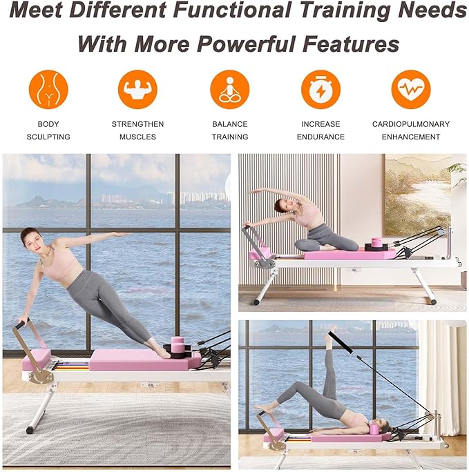 Foldable Pilates Reformer, Pilates Machine & Equipment for Home Use and Gym Workout, Suitable for Beginners and Intermediate Users
