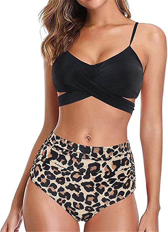 Womens Front Cross Ruched Bikini Set Twist Wrap Swimwear High Waisted Bottoms Print Straps Push Up Swimsuits