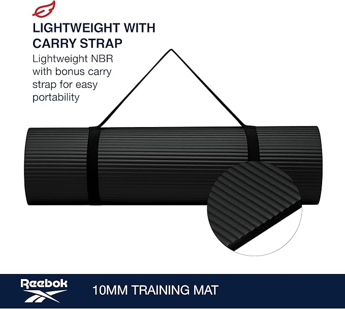 Reebok Pro 10mm Extra-Thick Yoga Mat, 72" x 24" with Easy Carry Strap, Large Non-Slip Exercise Mat with Ridged Base for Home Workout, Pilates, Floor Exercises & Outdoor Training