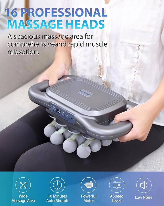 16-Head Massage Gun, Deep Tissue Percussion Massager with 9 Modes & 9 Intensities, 2600mAh Battery Back Bassager for Pain Relief Deep Tissue for Muscle Pain Relief in Back, Legs, Shoulders