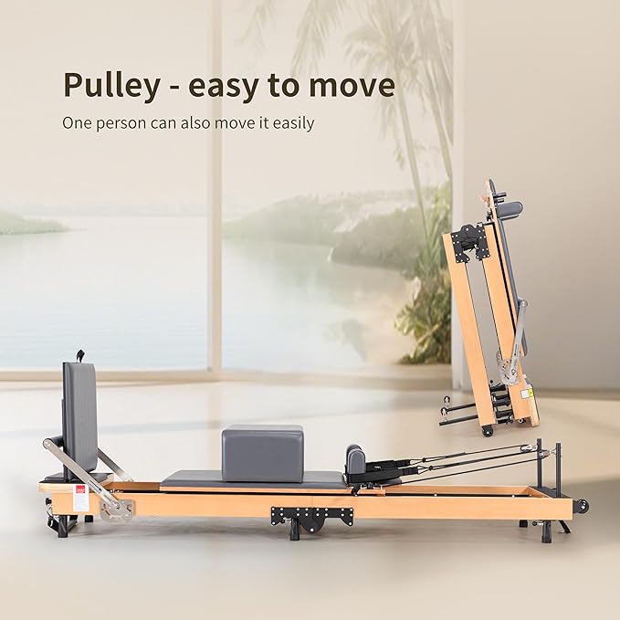 Foldable Oak Wood Pilates Reformer Machine with Reformer Box & Jump Board for Home, Studio, Gym & Yoga - 12-Level Resistance, Adjustable Shoulder Pad, Lightweight Aluminum Frame & PU Leather Carriage
