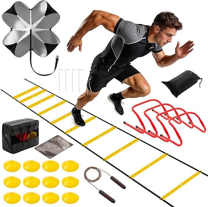 Agility Ladder Speed Training Equipment Set-20ft Ladder, 12 Cones, 4 Adjustable Hurdles, Jump Rope, Resistance Parachute| Basketball, Soccer, Football Practice Equipment for Youth, Adults