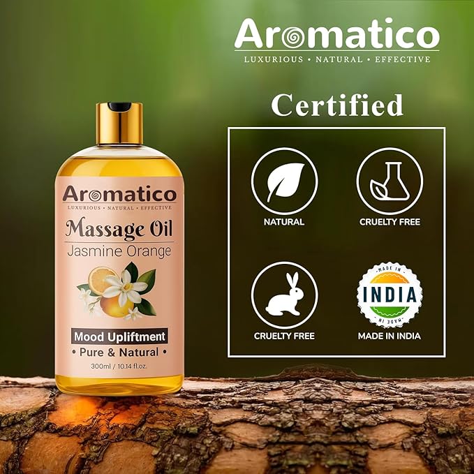 Massage Oil with Jasmine & Orange Essential Oils – Infused with Sesame, Almond & Jojoba Oils – Full Body Massage Oil for Relaxation – for Men & Women – 10 Fl Oz