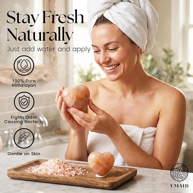 UMAID Himalayan Salt Massage Stones Heart Shape 6 Pack with Cotton Storage Bag – Natural Deodorant, Massage Stones, Hot & Cold Therapy, Muscle Relief, Spa Use