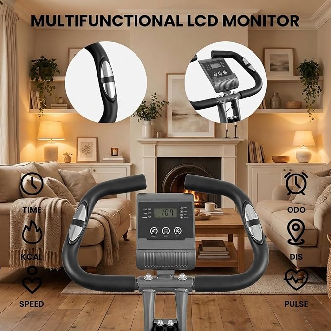 Exercise Bike, 4 IN 1 Stationary Bike, Foldable Folding Exercise Bike with 16-Level Magentic Resistance, Support Back Pad and Phone/Tablet Holder, Arm Resistance Band, Pulse Sensor, LCD Monitor for Home Workout 265LB Capacity