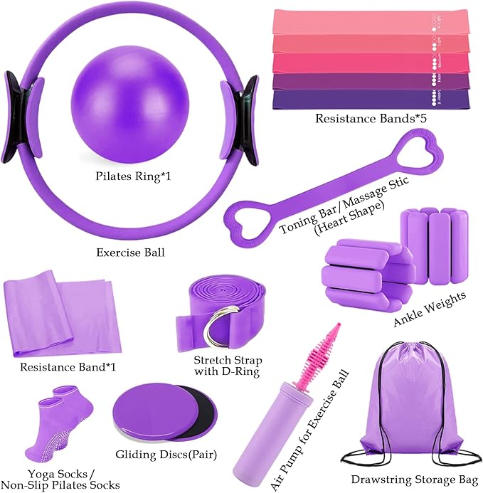 Pilates Kit for Home Workouts – Pilates Equipment Set with Ring, Ball, Resistance Bands, Pilates Accessories, Pilates Essentials Kit for Women, Pilates Sets for Home Exercise