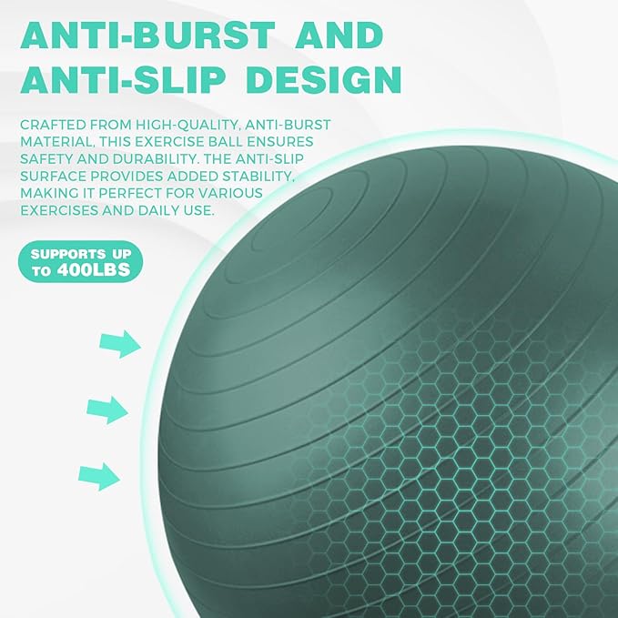 EasyBalance Exercise Ball, Yoga Ball, with Base & Pump Set, 65cm, Pineneedle Green