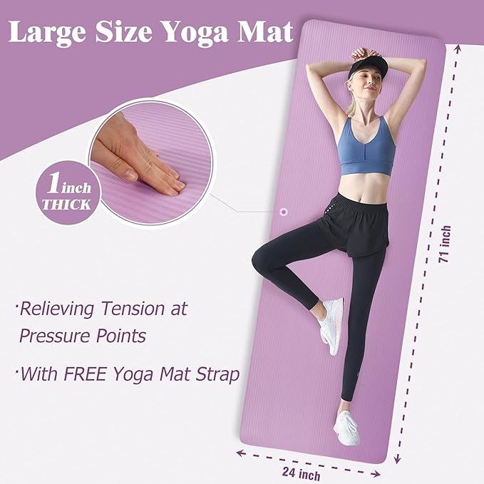 BalanceFrom 71x24 Inches Extra Thick Yoga Mat 1-Inch High-Density Foam – Roll-Up Exercise Pad with Double-Sided Non-Slip Surface and Carrying Strap for Pilates and Home Workouts, Multiple Colors