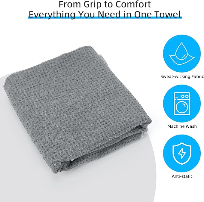 YESLIFE Non-Slip Extra Thick Hot Yoga Towel with One Sweat Towel, Microfiber Sweat Absorbent Yoga Mat Towel with Grip Dot, Pilates Mat, 72" x 24", Grey