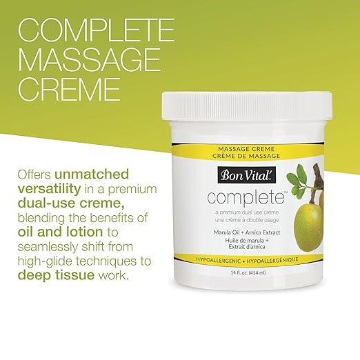 Bon Vital Complete Massage Creme, 14oz Jar, Unscented Non-Greasy Cream with Marula, Olive & Jojoba Oils, Hypoallergenic Moisturizer for Professional or Home Use, Premium Dual-Purpose, Massage Therapy
