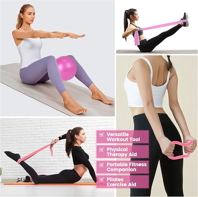 Home Pilates Essentials Kit for Women - Complete Pink Equipment Set with 9 Inch Yoga Ball, Figure 8 Resistance Band, Bands & Accessories, Ring for Beginners Workouts
