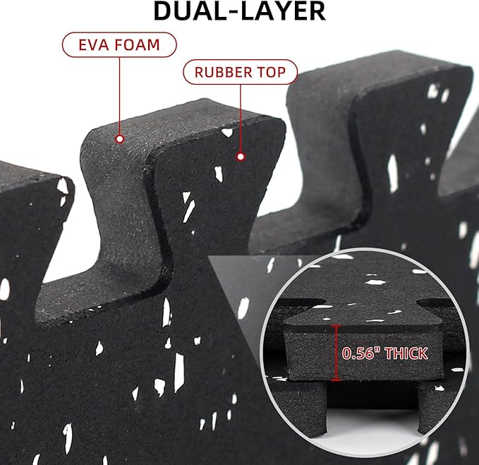 0.56in Thick 48 Sq Ft Exercise Equipment Mats, 12 Tiles Rubber Top EVA Foam Workout Mats, Interlocking Gym Flooring for Home Gym, 24 x 24in, Black & White