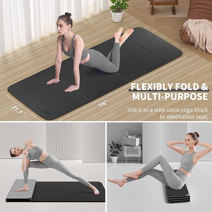 Foldable Yoga Mat Extra Thick & Large (74" x 31.5" x 0.32"), Double-Sided Non Slip & Lightweight Fitness Mat, 8mm Thick Wide Exercise Mats for Woman Man Kids, Portable Workout Mats for Travel, Studio or Home Use