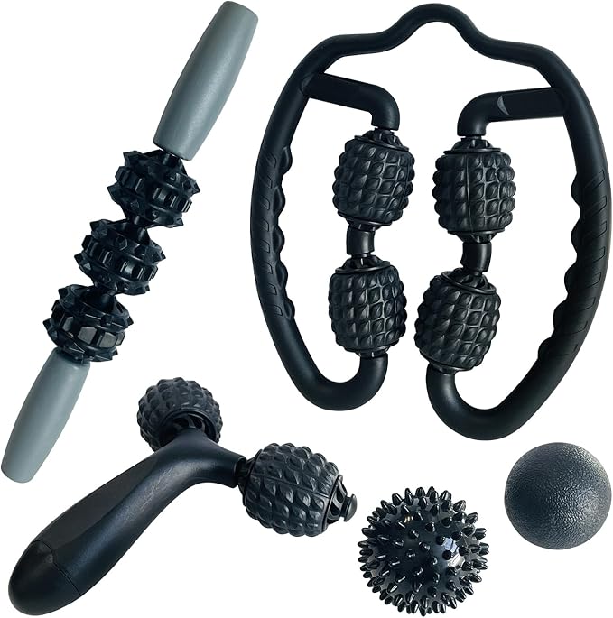 5Pcs Massage Foam Roller Tool Set Includes Trigger Point Massage Foam Roller, Y-Shaped Handheld Roller, Muscle Roller Stick, 2 Massage Balls for Muscle Pain Relief, Body Shaping(Black)