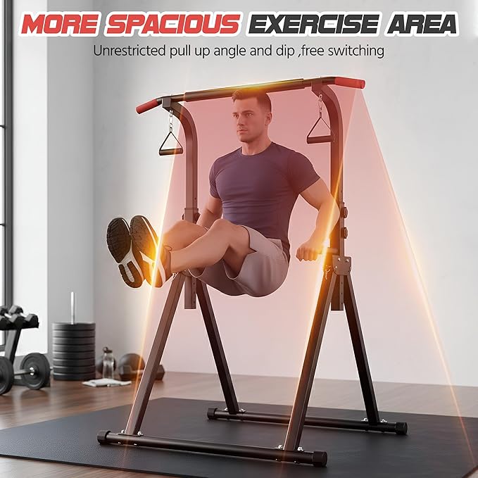 Power Tower Pull Up Bar Free standing with Resistance Bands, 350LBS Heavy Duty Alloy Steel Dip Station for Home Gym Strength Training, Adjustable Height Workout Equipment