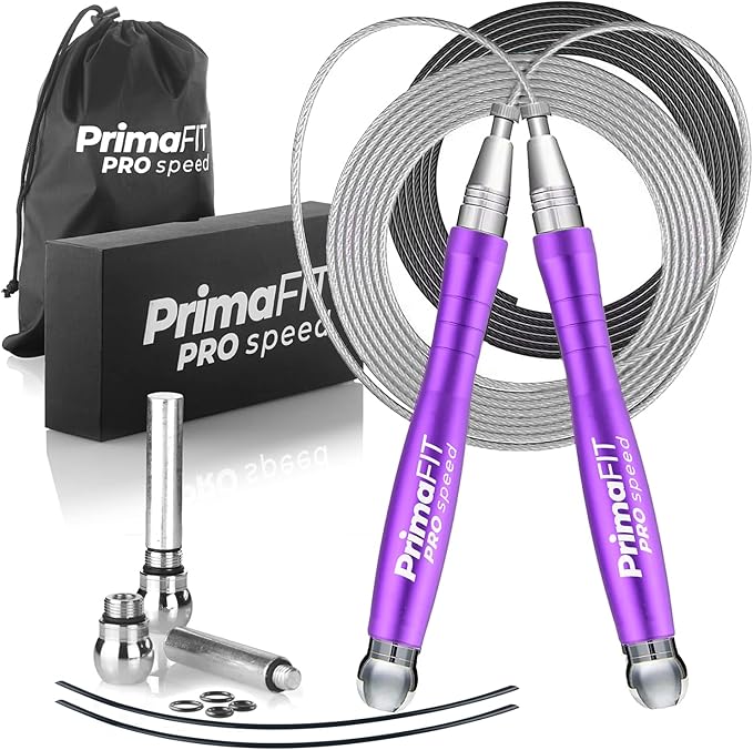 PrimaFIT Jump Rope Pro Speed Skipping Rope Adjustable Adult Jumping Rope Weighted Aluminium Handles for Double Dutch Boxing Workout Crossfit Exercise Fitness Spare Cable Weights Protectors Carry Bag