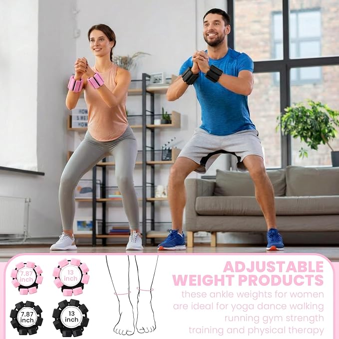 2 Pairs Wrist Ankle Weights Set Adjustable Silicone Weighted Bangles 1lb Pink 2lb Black for Women Men, Fitness Arm Leg Weights for Yoga, Pilates, Walking, Home Gym Workout