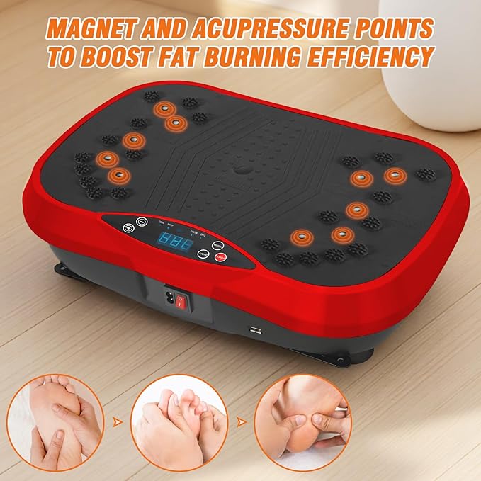 ALSO GO Vibration Plate Exercise Machine, 10 Modes & 200-Level Vibration Platform for Weight Loss/Lymphatic Drainage, 400lbs Vibration Board with Music and Resistance Bands for Full Body Workout, Red