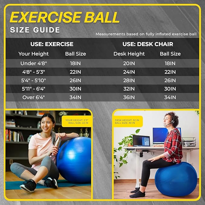 26 Inch Exercise Ball, Yoga Ball for Workout, Balance Stability, Fitness Ball for Office, Home, Gym, Balance Balls with Quick Pump