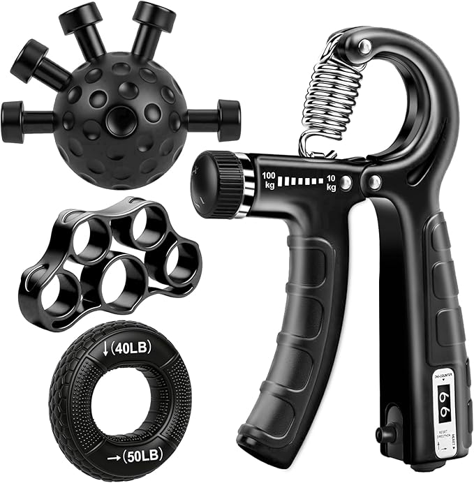 4-Pack Grip Strength Trainer Kit, Adjustable Forearm Strengthener, Black Hand Grip Strengthener Balls, Finger Exerciser & Stretcher for Strength Training, Recovery & Flexibility