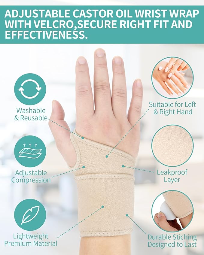 Castor Oil Pack Wrap for Wrist Hand Wrap Wrist Brace for Carpal Tunnel Relief,Adjustable Reusable Compression Wrist Support for Women Men Right & Left Hands,Single,Castor Oil Not Included