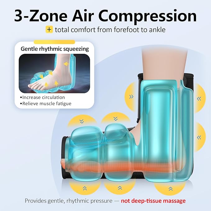 Comfytemp Air Compression Therapy Device K1007, Portable Foot Massager with Heat, Cordless Ankle Massage Boot for Pain Relief and Circulation, Ideal for Men Women Seniors (Fit Size 6 to 10)
