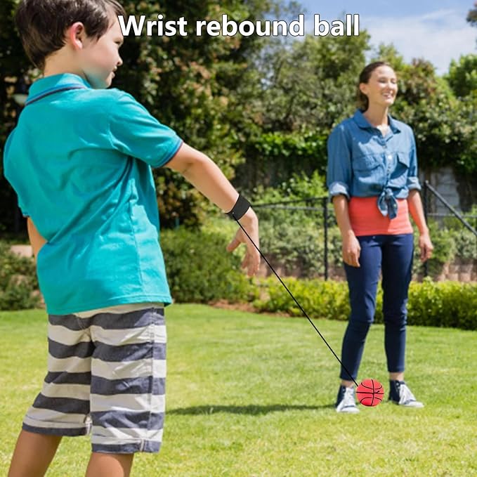 2 Pcs Wrist Return Ball Rubber Sport Ball with Wrist Strap and String Rebound Bouncy Balls Wrist Rebound on Elastic String Exercise Play, (Basketball & Football)