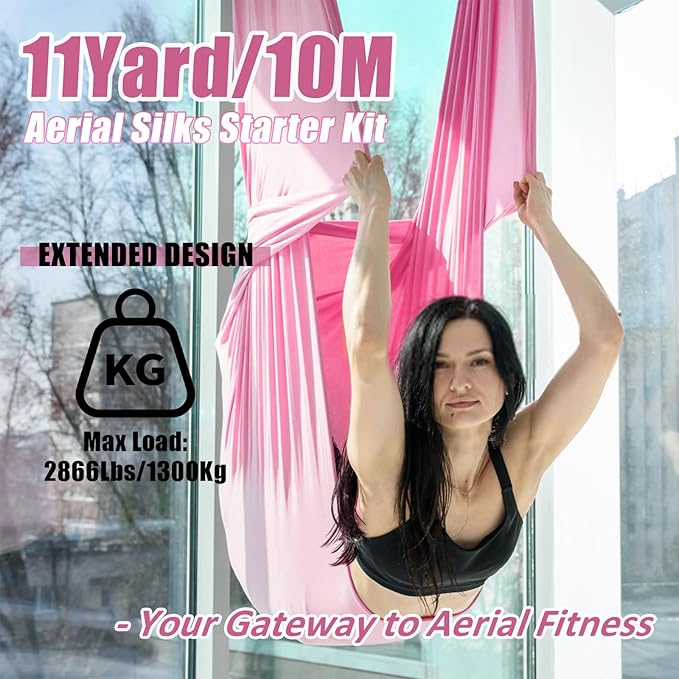 Aerial Silks Kit & Aerial Yoga Hammock - 11Yd Premium Fabric with Hardware - Easy Setup for Flying Yoga, Aerial Swing & Fitness - Supports Up to 14ft Rigging