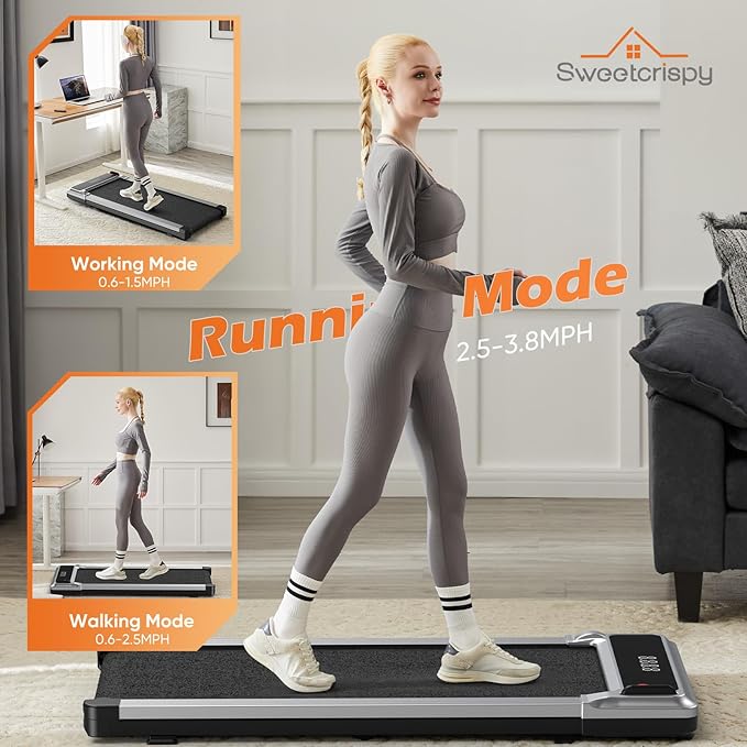 Sweetcrispy Compact Armless Treadmill for Small Spaces, Quiet Under-Desk Walking Pad, Slim & Portable Design for Home Office Workouts, Ideal for Apartments and Work-from-Home Fitness, Light Silver