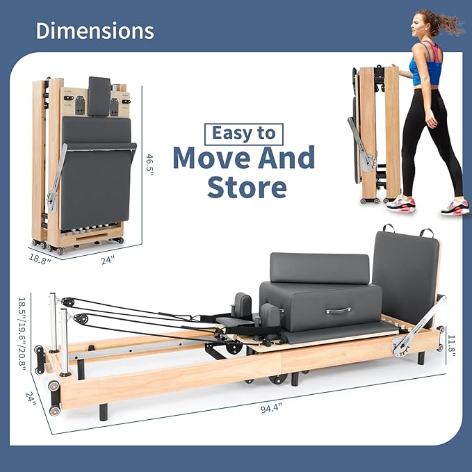 Pilates Reformer Machine,Oak Wood Home Pilates Equipment, Foldable Pilates Reformer with Reformer Box, Jump Board for Home Workouts and Body Exercises, Suits for Studio Gym Yoga