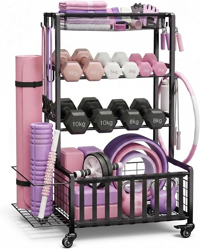 Dumbbell Rack, Adjustable Weight Rack for Home Gym, Heavy-Duty Workout Storage Organizer for Dumbbells Kettlebells Yoga Mat and Balls, Exercise Equipment Holder with Wheels & Hooks