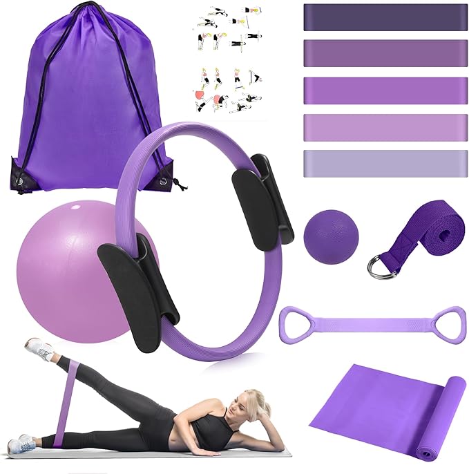 HASHMUST Pilates Ring Kit 12 PCS for Women, Home Workout Equipment with Magic Circle, Mini Exercise Ball, Resistance Bands, Massage Lacrosse, Yoga Strap, Full-Body Fitness Set for Toning & Gift