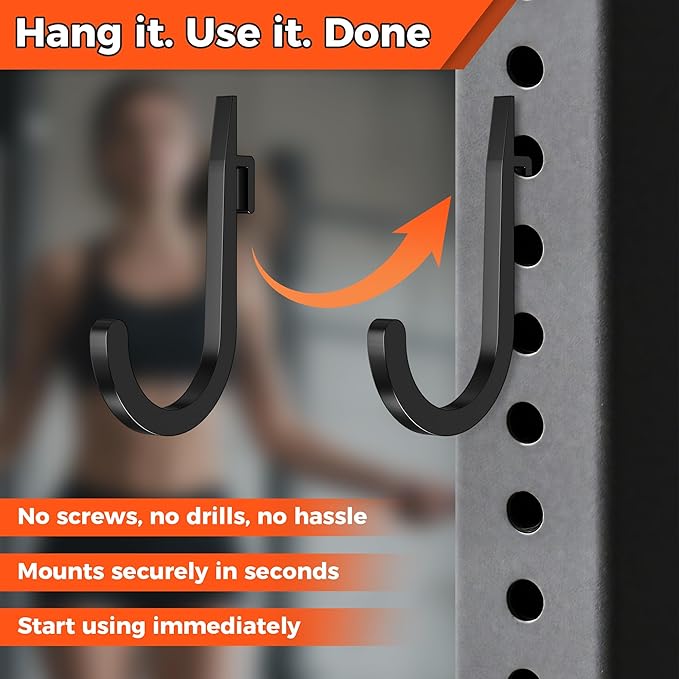 6 PCS J Hooks for Squat Rack,Power Rack Attachments for Home Gym Storage,Portale Squat Rack Accessories, Storage Hook Holder for Resistance Bands, Barbell Collars and Gym Accessories