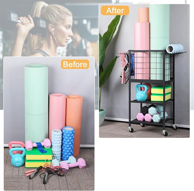 ETELI Yoga Mat Storage Rack Home Gym Workout Equipment Storage Cart with Hooks Wheels Small Metal Weight Rack for Dumbbells, Kettlebells, Foam Rollers, Resistance Bands, Yoga Block
