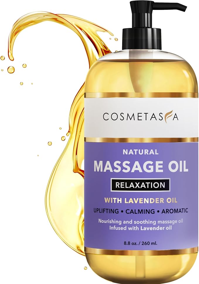 Cosmetasa Lavender Massage Oil for Massage Therapy - All Natural, Cruelty-Free & Spa Quality Skin Therapy Oil, Calming & Soothing Care - Lavender, Geranium & Grapeseed Oil (8.8 oz)