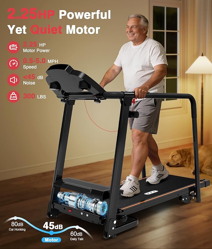 Redliro Walking Treadmill with Long Handrails – Treadmill for Seniors 300 lbs Capacity – Foldable, Lightweight with Wheels, Cup & Phone Holder – Recovery Machine for Home or Apartment