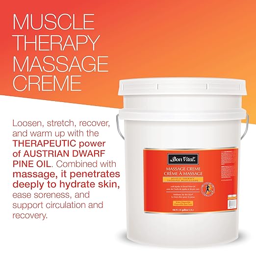 Bon Vital' Muscle Therapy Massage Creme, 5-Gallon Pail, Massage Cream with Essential Oils for Deep Tissue, Sports, Swedish & Trigger Point Massage, Smooth Texture