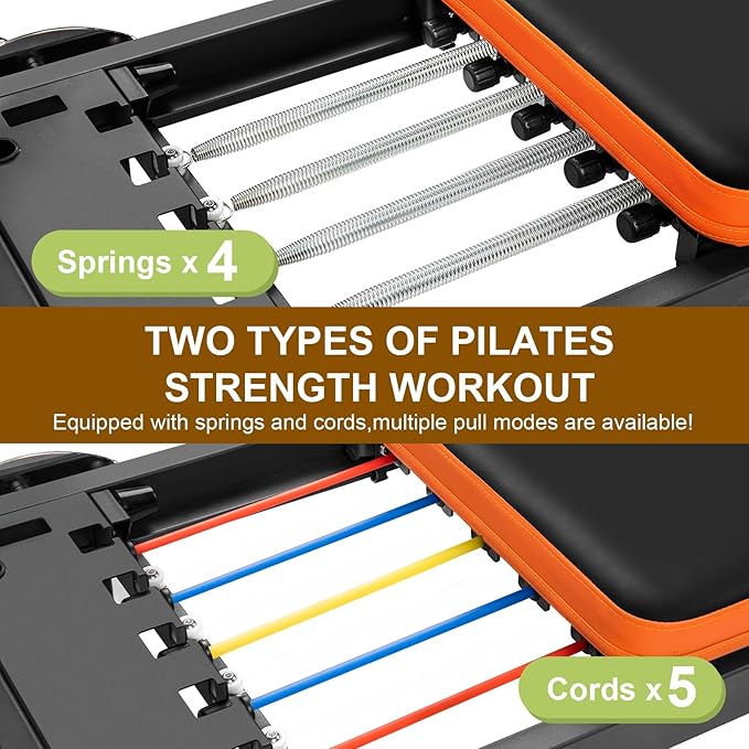 Pilates Reformer, Foldable Pilates Machine for Home Use and Gym Workout, Suitable for Advanced and Beginners Users,Pilates Equipment with Sitting Box, Jump Board ,Up to 500 LBS