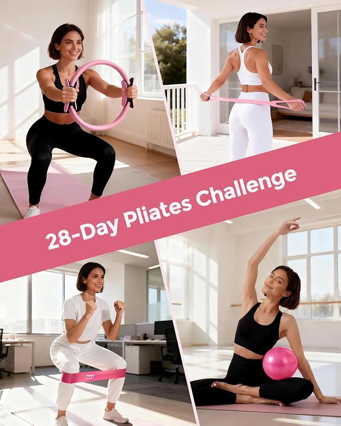 Home Pilates Essentials Kit for Women, Magic Circle Pilates Equipment Ring and Ball Set, 6 Resistance Bands Workout Guide Video for 28 Day Pilates Essential Challenge Starter Kit for Beginners