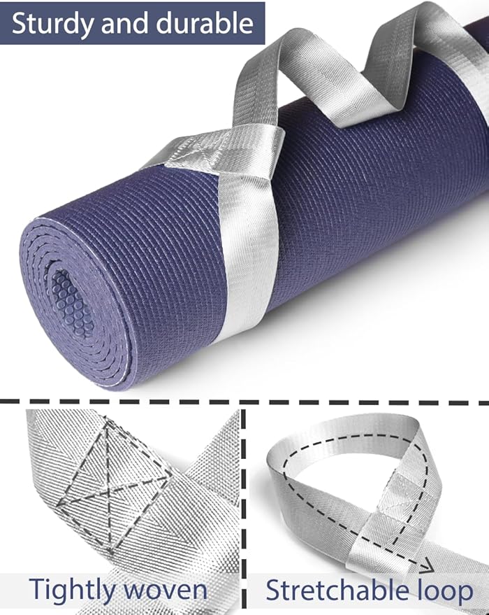Yoga Mat Strap with Carabiner Clip, Adjustable Carrier for Yoga Mats, Silver Gray [MAT NOT Included]