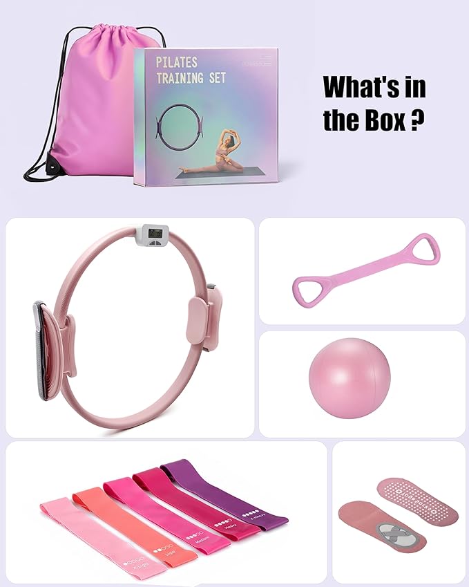 MaxU Pilates Essentials Kit for Women – Pilates Ring with Counter, Home Pilates Workout Kit with 14" Pilates Ring & Ball Set, Resistance Bands and Grip Socks – Ideal for Beginner Home Workouts
