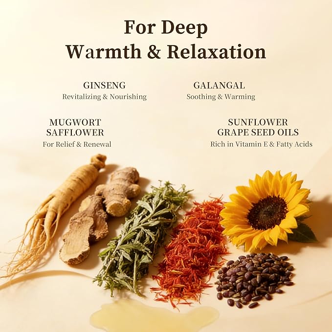 Warming Body Massage Oil for Sore Muscle Massage Therapy 10 Fl Oz, Massage Oils for Deep Muscle Relaxing & Joint Comfort, Body Oil Infused with Ginseng, Galangal & Mugwort, All Skin Types Men & Women
