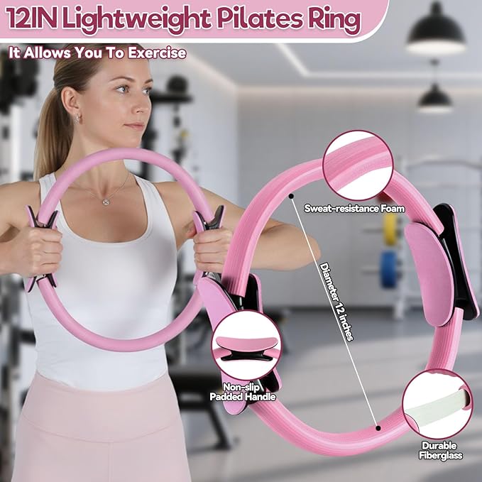 19 Pack Pilates Ring Set for Womem, Home Workout Equipment with 12 inch Magic Circle Pilates Ring and Ball Set, 5 Resistance Bands, Magic Circle, Grip Socks & Accessories for Full Body Toning