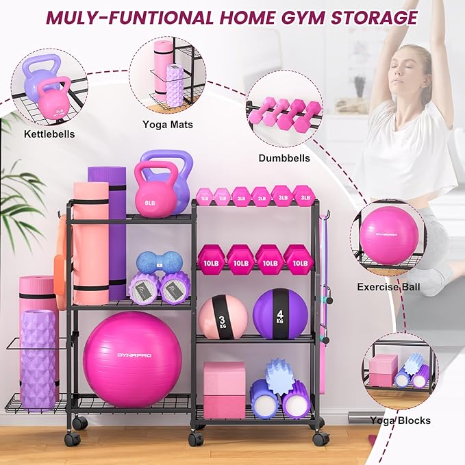 Dumbbell Rack, Weight Rack for Home Gym, Yoga Mat Storage Rack, Exercise Equipment Storage with Wheels and Hooks, Home Gym Equipment Organizer for Kettlebells
